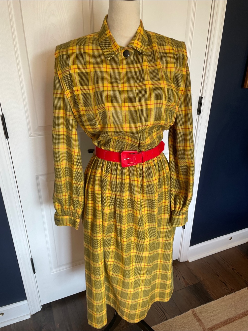 VTG R&K Originals Yellow Plaid Shirt Dress Long Sleeve Belted Midi Size 8